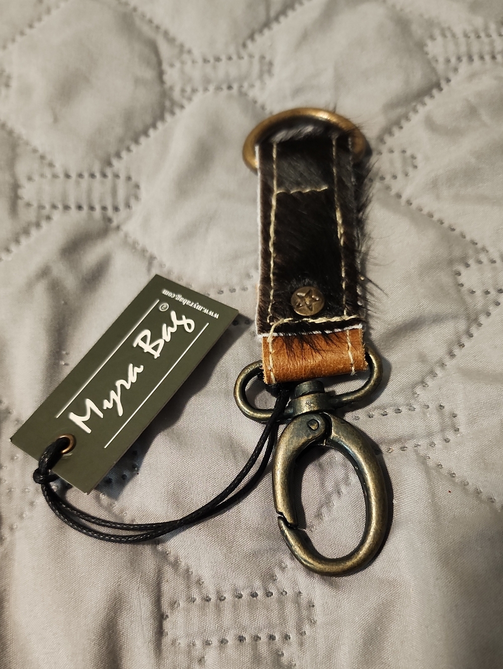 Myra Bag Black and Brown Leather Key Clip with Antique Brass Hardware